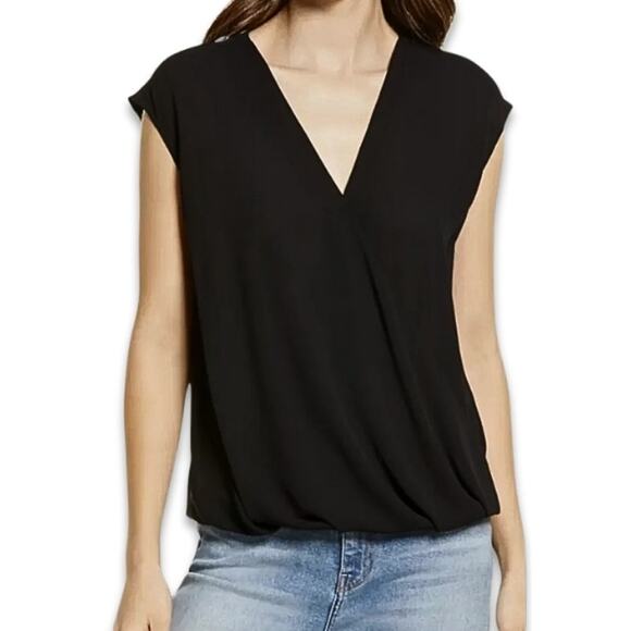 Halogen Blouse Surplice V-Neck Cap Sleeves Lightweight Black Women's Small NWT - Picture 1 of 10